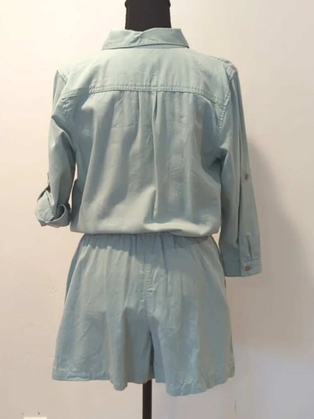 Light Blue Chambray Women's Romper - Casual Short Jumpsuit - Picture 3 of 3